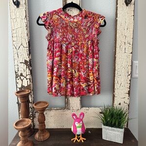 THML Red and Pink Floral Sleeveless Blouse with Ruffled Collar